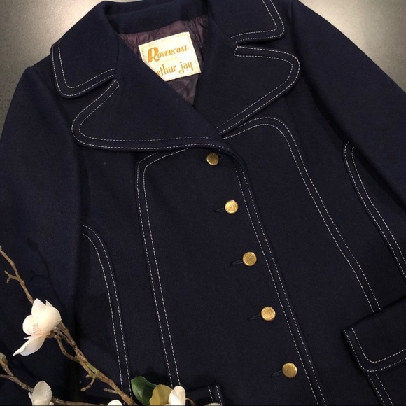 Vintage Wool Peacoat Navy Contrast Arthur Jay Rovercoat Dagger Collar 70's - Picture 3 of 13